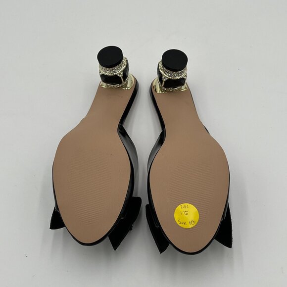 FSJ Black Luxury Crystal Chunky Heel Mules Rhinestone Bow Peep Toe Dress Shoes - Picture 6 of 7